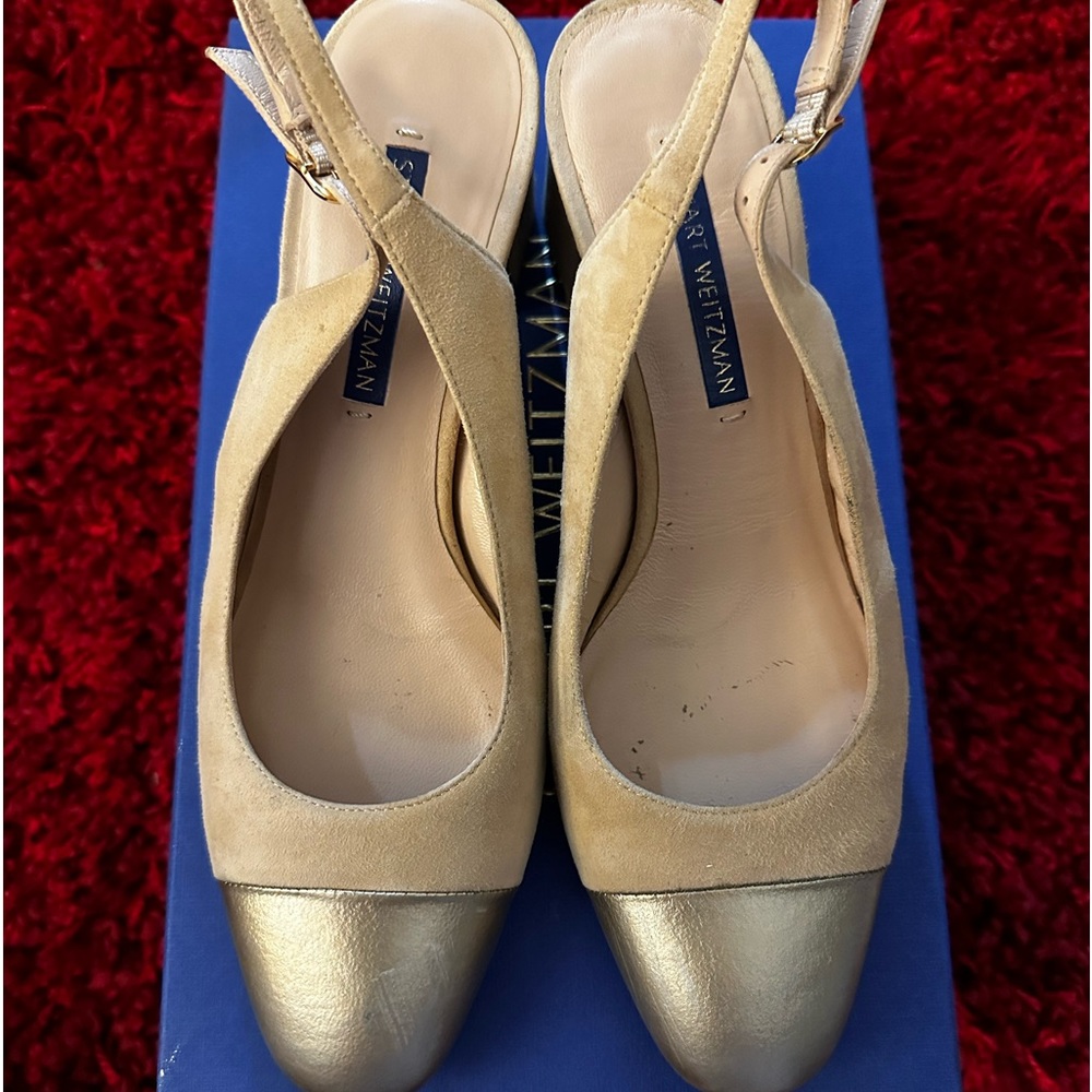 STUART WEITZMAN Loraina Adobe Beige Suede & Laminated Leather Slingback